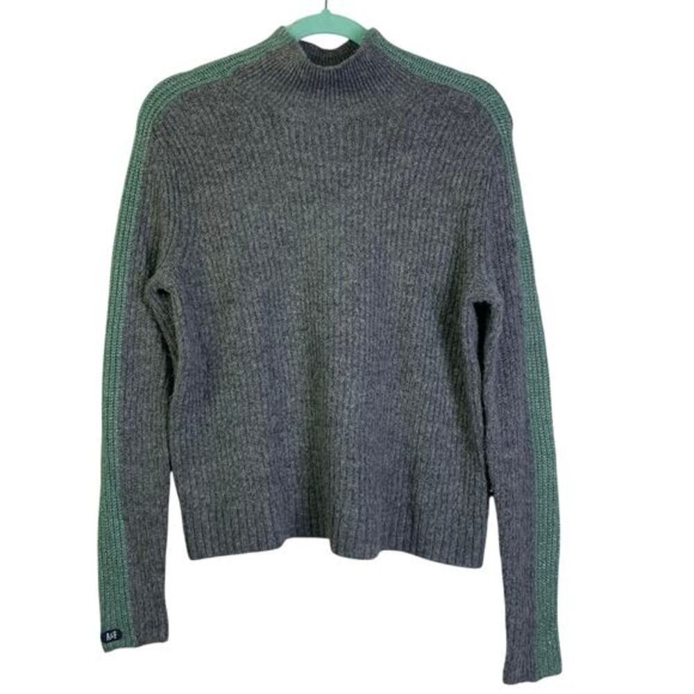ABERCROMBIE & FITCH Sweater Knit Mock Neck Teal Stripe W/Metallic Thread‎